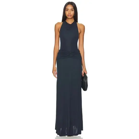 Solid & Striped The Bobby Maxi Dress Halter Neck Ruched Formal Vacation Navy MD